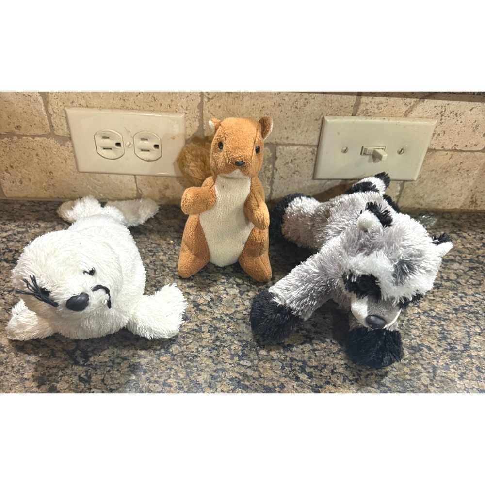 Lot of 3 Small Plush Stuffed Animals White Seal Grey Raccoon Brown Squirrel